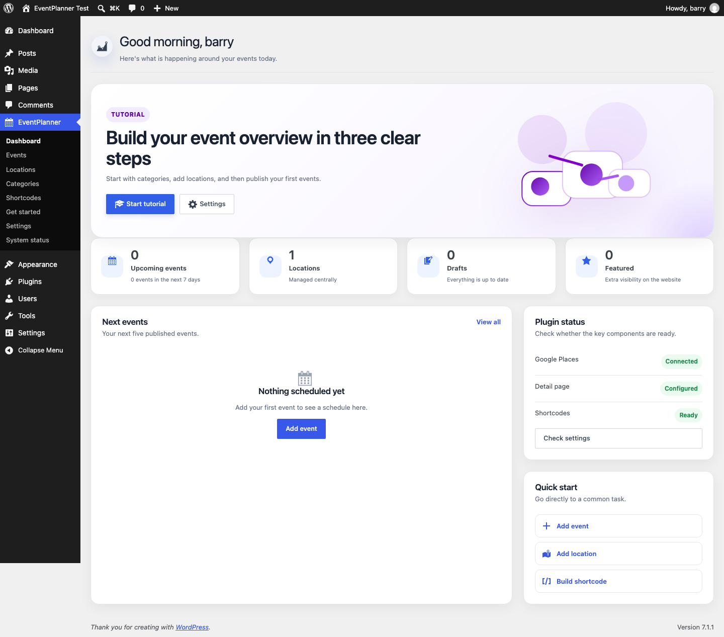 Dashboard van Barry’s Eventplanner met overzicht van evenementen en locaties
