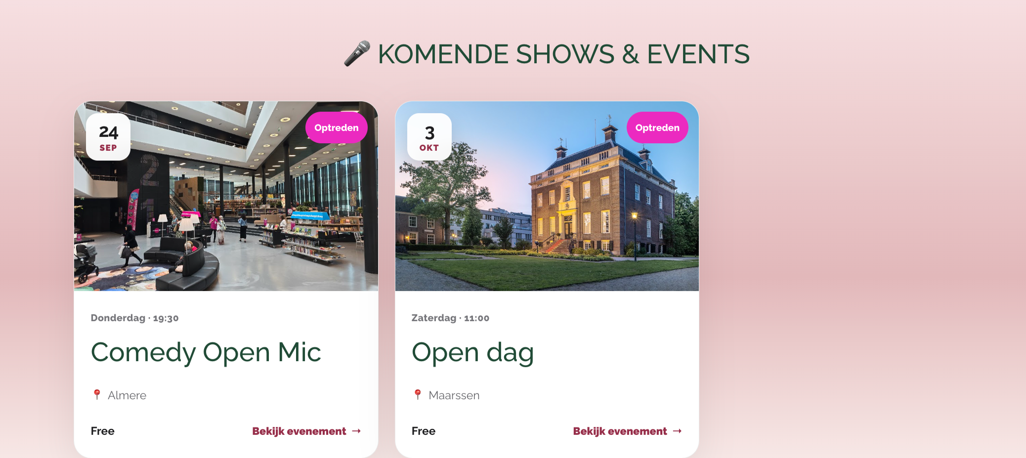 Evenementen weergegeven als mooi opgemaakte kaarten op de website