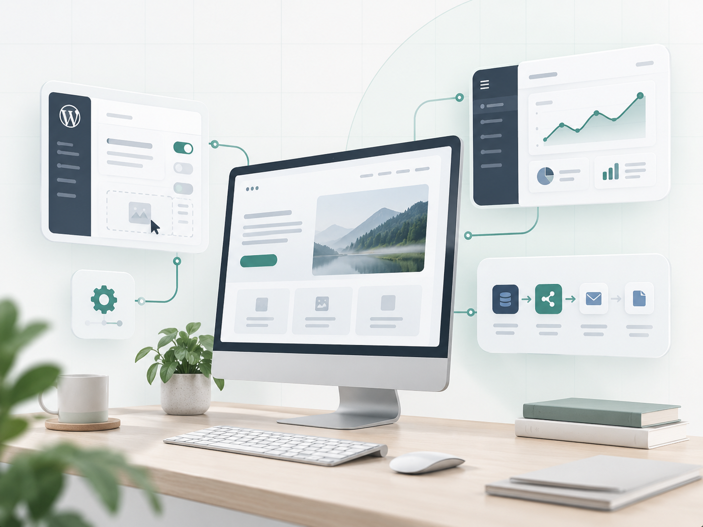 Lichte werkplek met iMac en verbonden webinterfaces